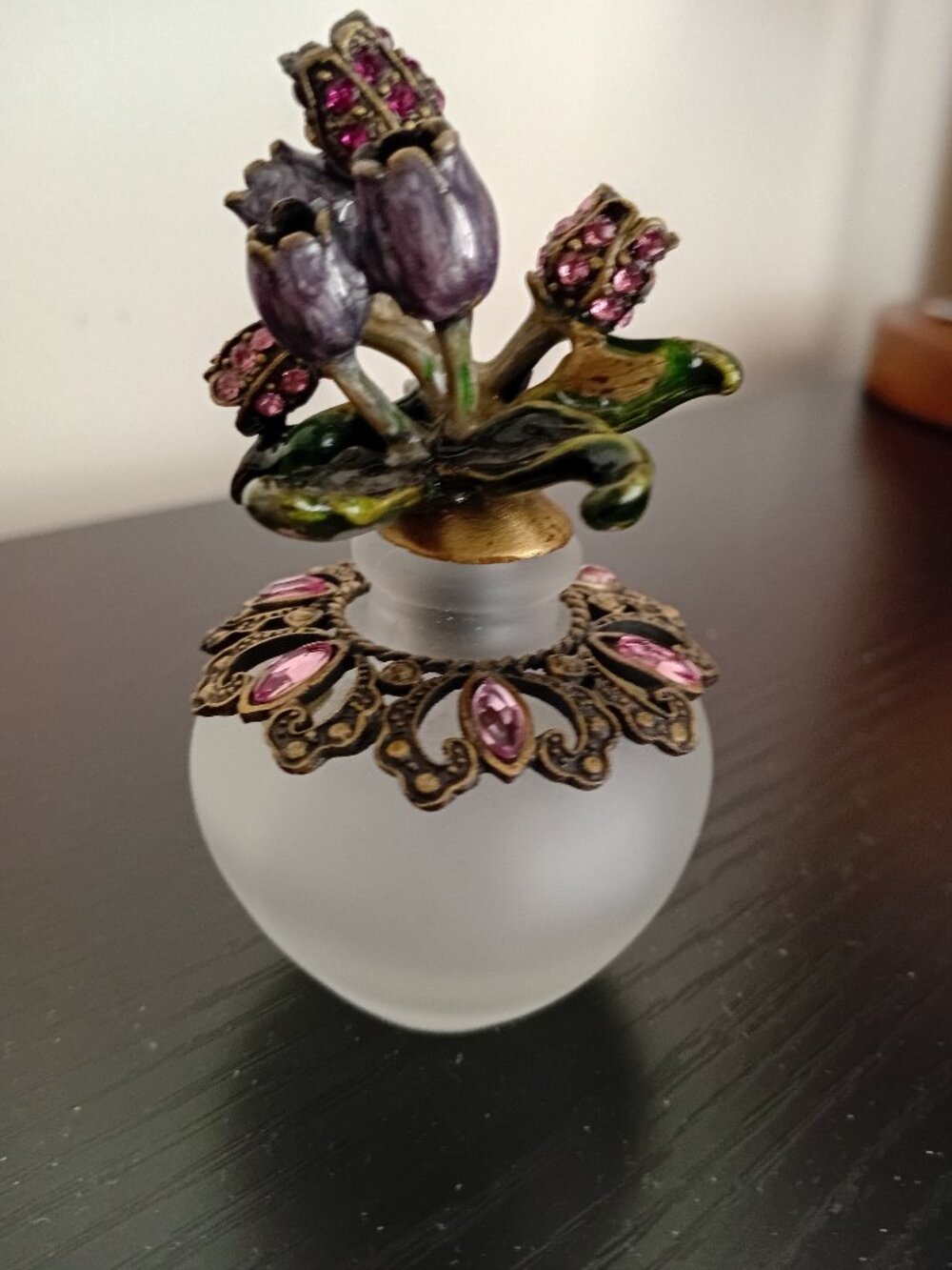 Frosted Glass Perfume Bottle With Enameled Flowers & Rhinestones